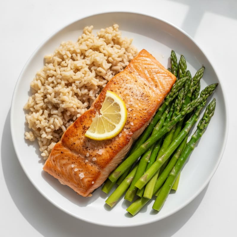 Seared Salmon with Steamed Asparagus and Brown Rice