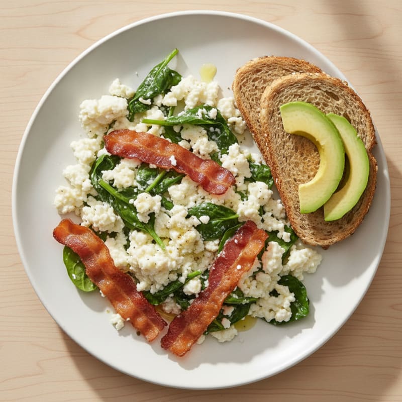 Egg White and Cottage Cheese Scramble with Spinach and Turkey Bacon