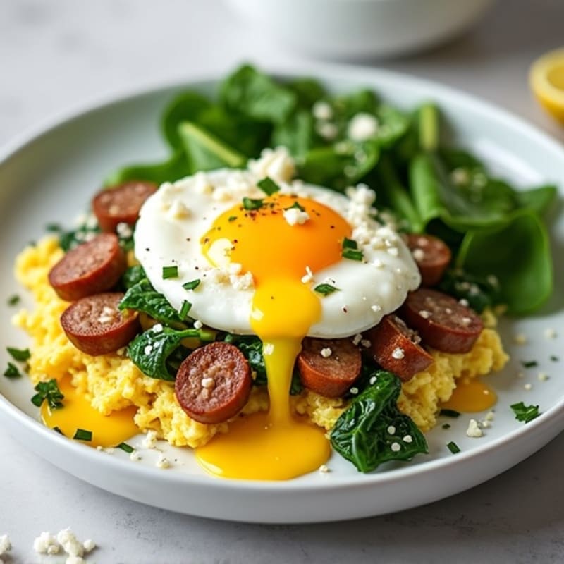 Egg White and Turkey Sausage Scramble with Spinach, Feta, and Avocado