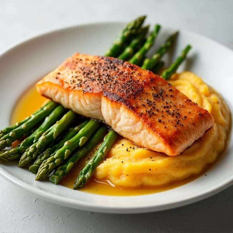 Seared Salmon with Steamed Asparagus and Mashed Sweet Potato