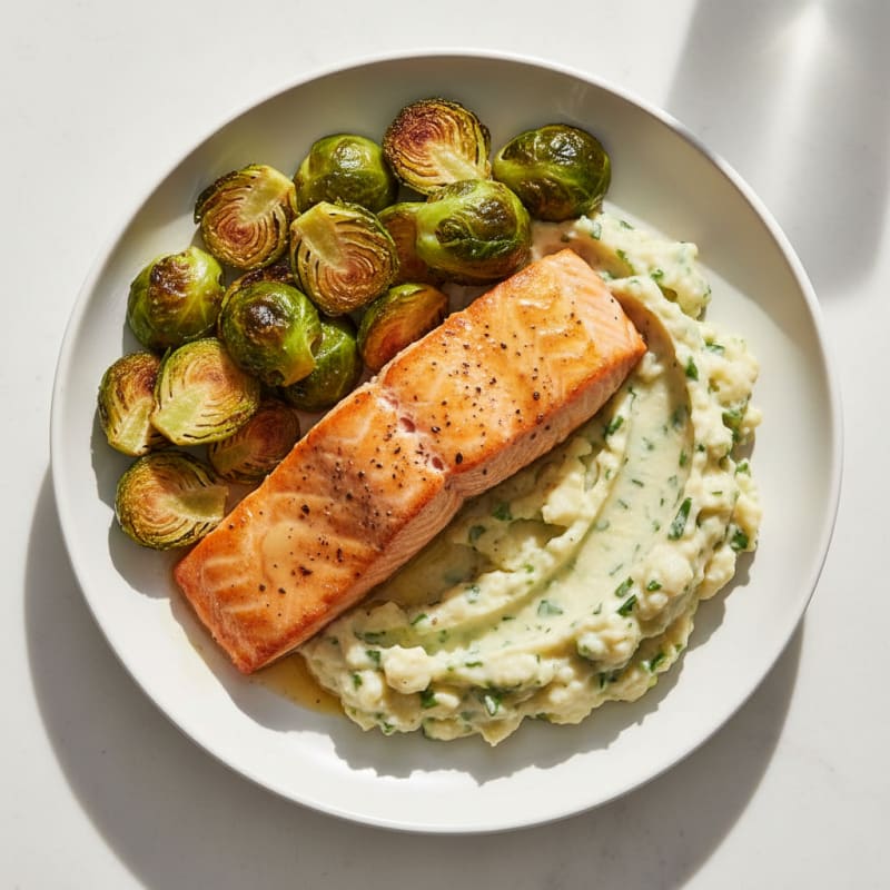 Seared Salmon Fillet with Roasted Brussels Sprouts and Garlic Mash