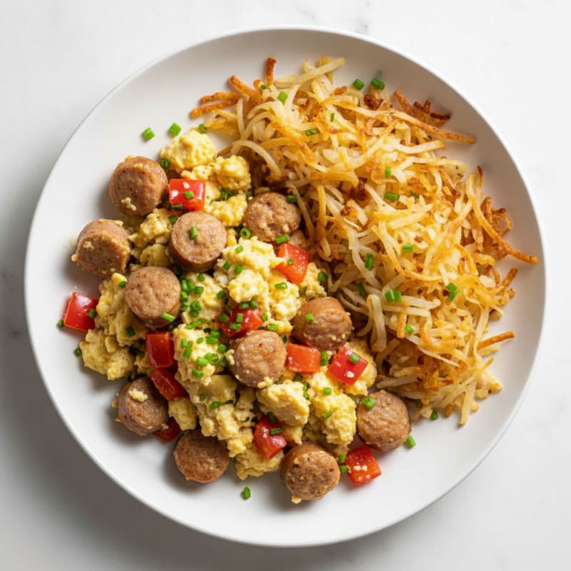Egg White and Chicken Sausage Scramble with Crispy Hash Browns