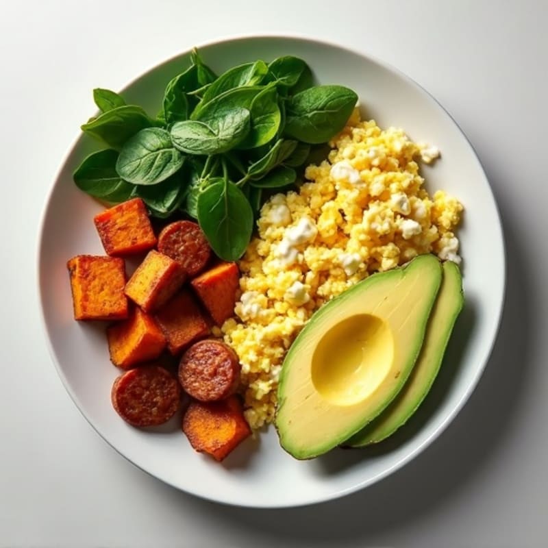 Egg White and Spinach Scramble with Turkey Sausage and Roasted Sweet Potatoes