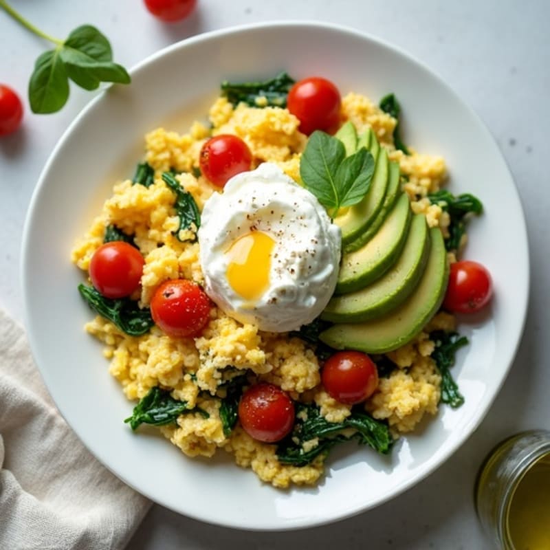 Egg White and Spinach Scramble with Cottage Cheese and Cherry Tomatoes