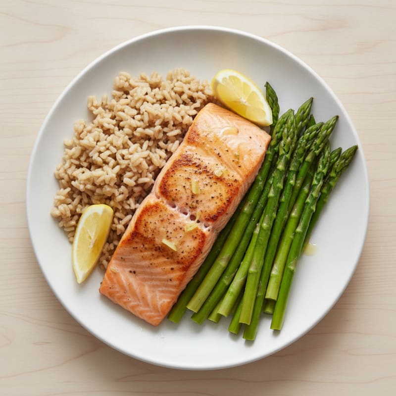Seared Salmon with Steamed Asparagus and Brown Rice