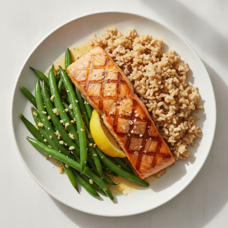 Seared Salmon with Garlic Green Beans and Brown Rice
