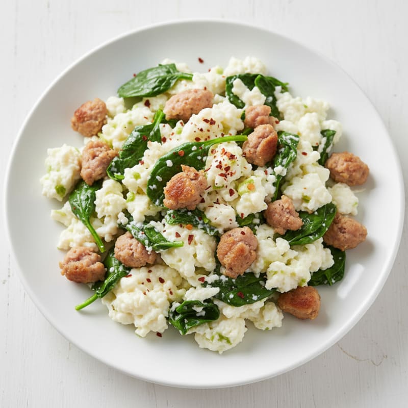 Egg White Scramble with Turkey Sausage and Sautéed Spinach