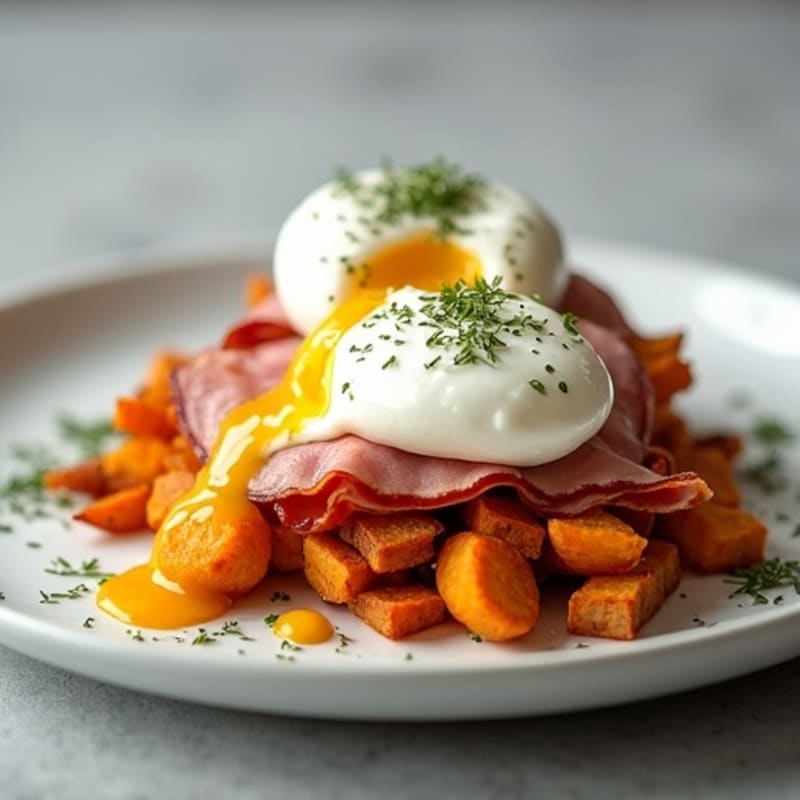 Crispy Sweet Potato Hash with Poached Eggs, Lean Ham, and Creamy Lemon-Dill Sauce