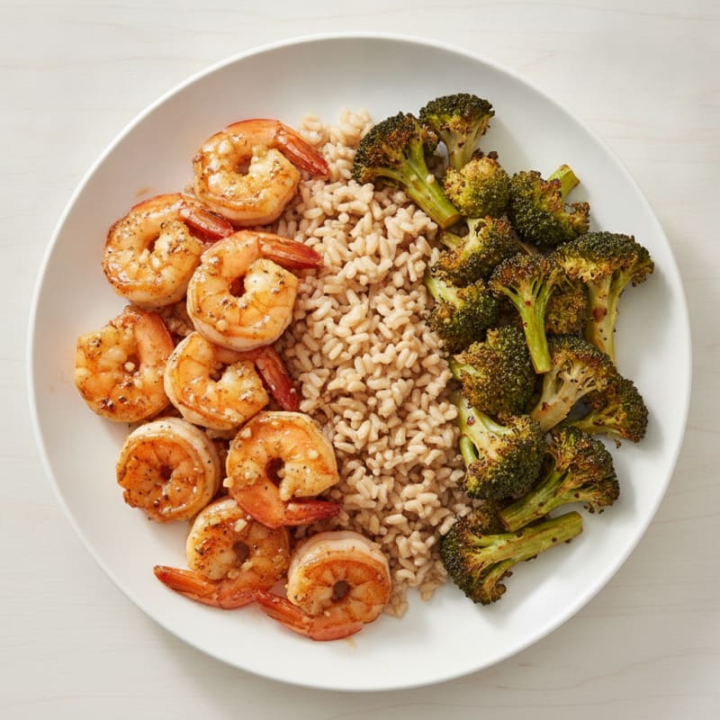 Seared Garlic Shrimp with Roasted Broccoli and Brown Rice