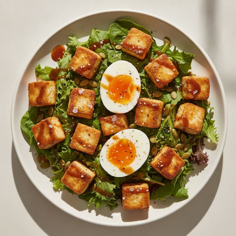 Pan-Seared Tofu with Soft-Boiled Eggs and Mixed Greens
