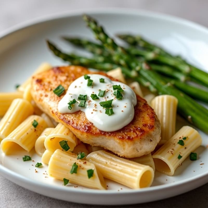 Creamy Garlic Chicken with Whole Wheat Pasta and Roasted Asparagus
