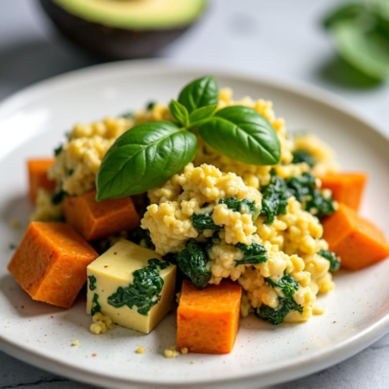 Creamy Tofu Scramble with Spinach and Roasted Sweet Potatoes