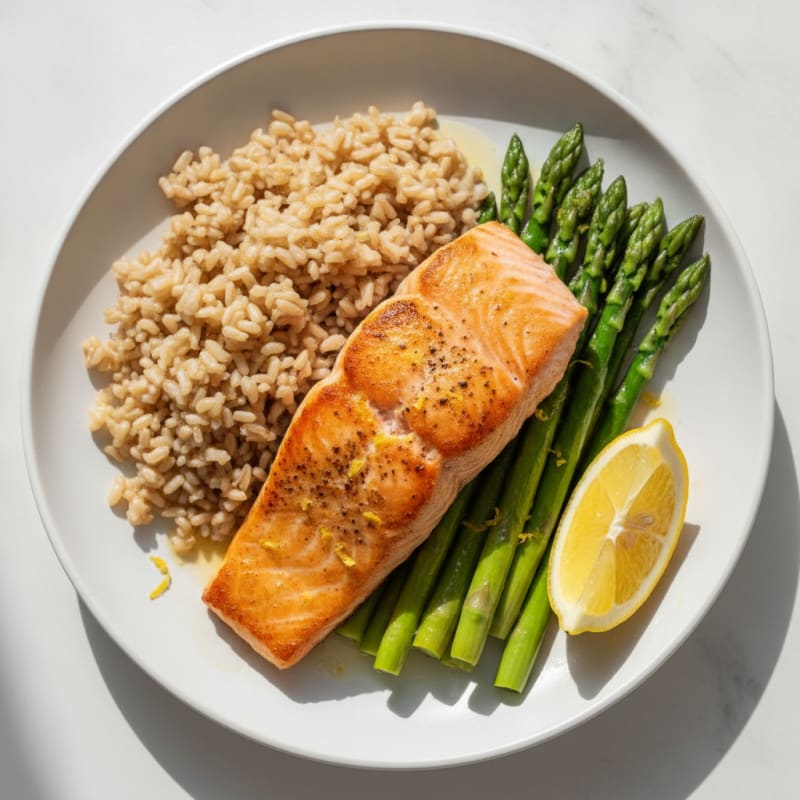Seared Salmon with Steamed Asparagus and Brown Rice