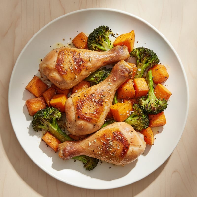 Roasted Chicken Legs with Sweet Potato and Broccoli