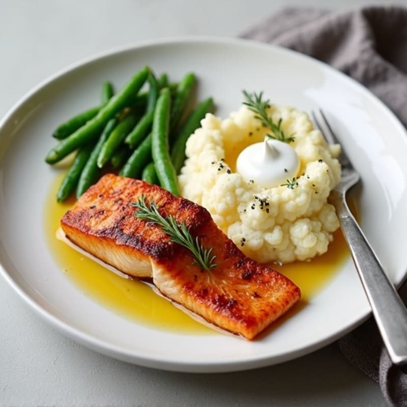 Seared Salmon with Steamed Green Beans and Cauliflower Mash
