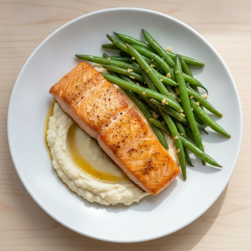 Seared Salmon with Garlic Green Beans and Cauliflower Mash