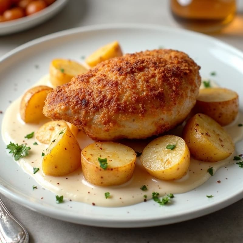 Crispy Honey-Spiced Chicken with Creamy Garlic Potatoes