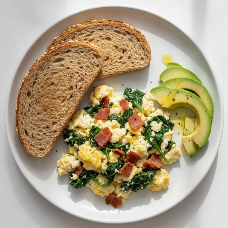 Crispy Turkey Bacon and Egg White Scramble with Sautéed Spinach