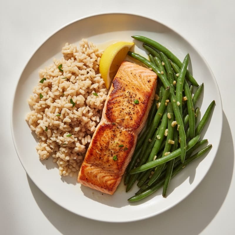 Seared Salmon with Garlic Green Beans and Brown Rice