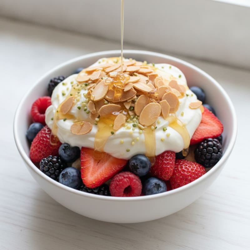 Greek Yogurt Protein Parfait with Mixed Berries and Almonds