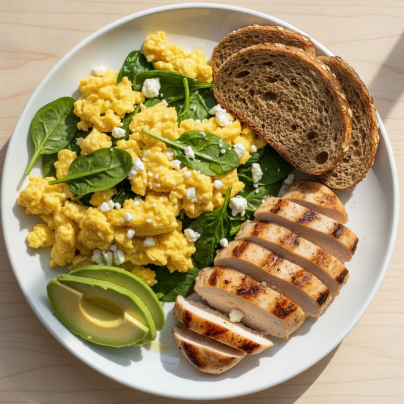 Scrambled Eggs with Grilled Chicken and Spinach