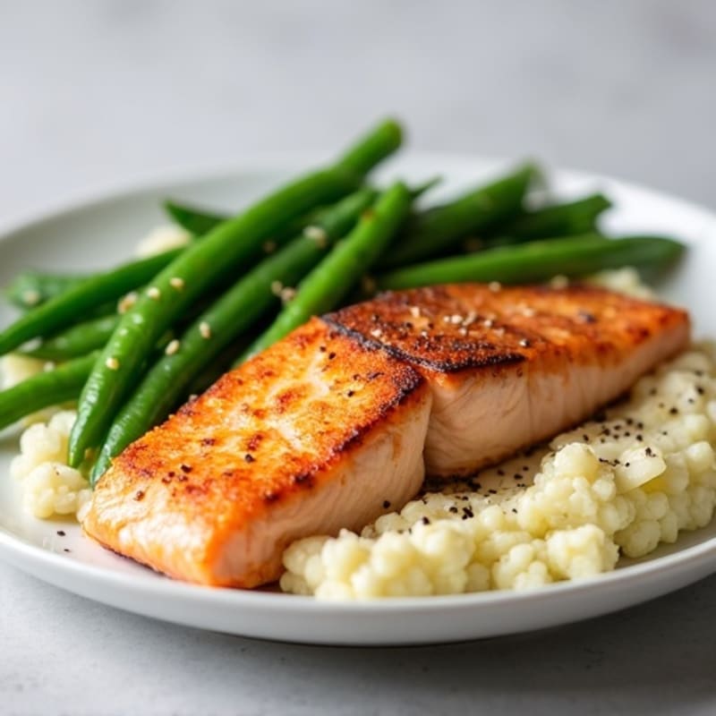 Seared Salmon with Steamed Green Beans and Garlic Cauliflower Mash