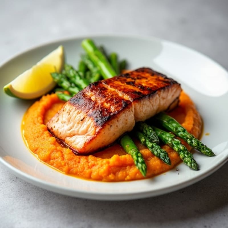 Seared Salmon with Steamed Asparagus and Sweet Potato Mash