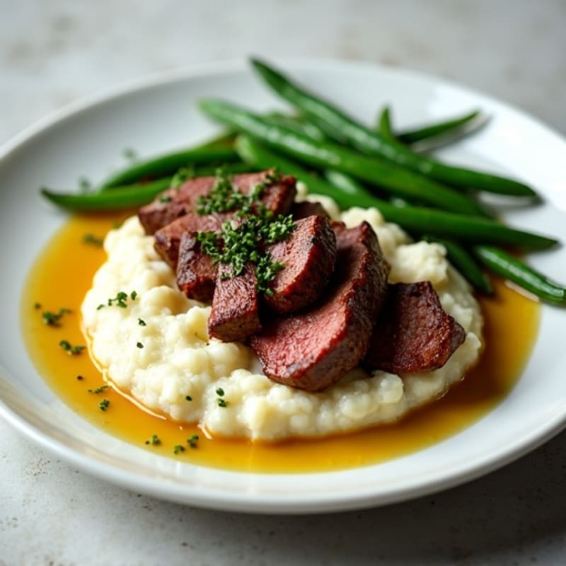 Seared Lean Beef Strips with Steamed Green Beans and Cauliflower Mash