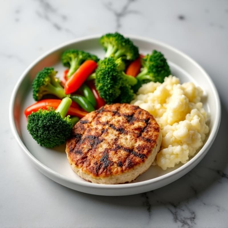 Grilled Turkey Patty with Steamed Broccoli and Cauliflower Mash with Sautéed Onions & Peppers