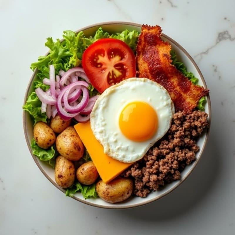Lean Beef & Smoky Bacon Cheeseburger Bowl with Crispy Roasted Potatoes and Fresh Toppings