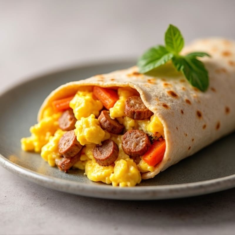 High-Protein Breakfast Burrito with Scrambled Eggs, Turkey Sausage, and Roasted Sweet Potatoes