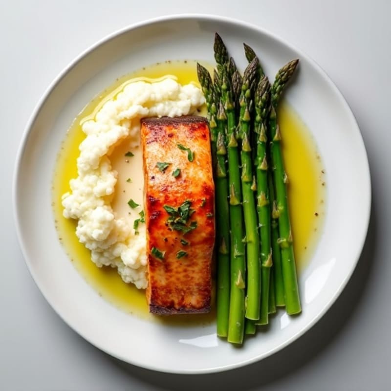 Seared Salmon with Steamed Asparagus and Cauliflower Mash