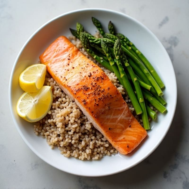 Seared Salmon with Steamed Asparagus and Brown Rice