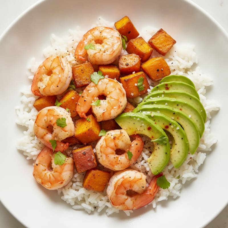 Shrimp and Avocado Rice Bowl with Roasted Sweet Potatoes