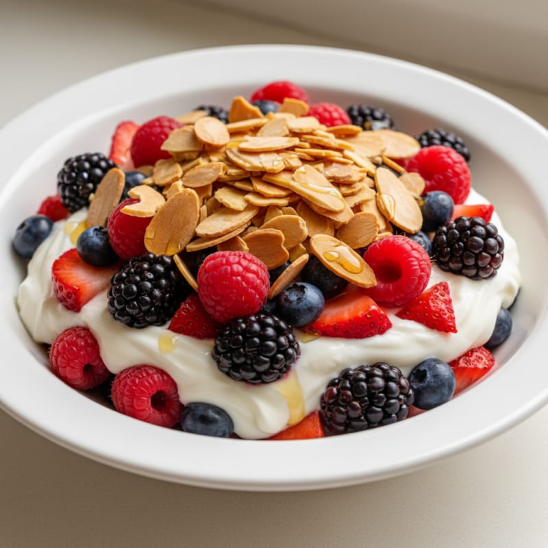 Greek Yogurt Protein Parfait with Mixed Berries and Almonds
