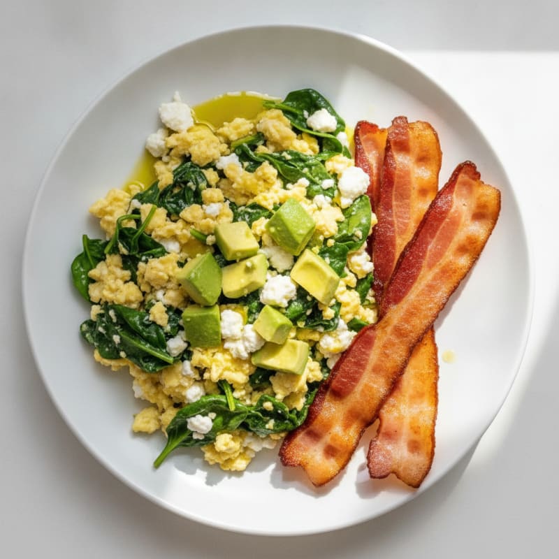 Cottage Cheese Egg Scramble with Spinach and Turkey Bacon