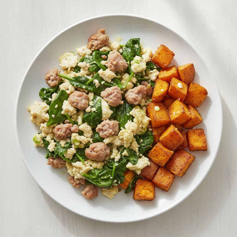 Egg White and Turkey Sausage Scramble with Spinach and Roasted Sweet Potatoes