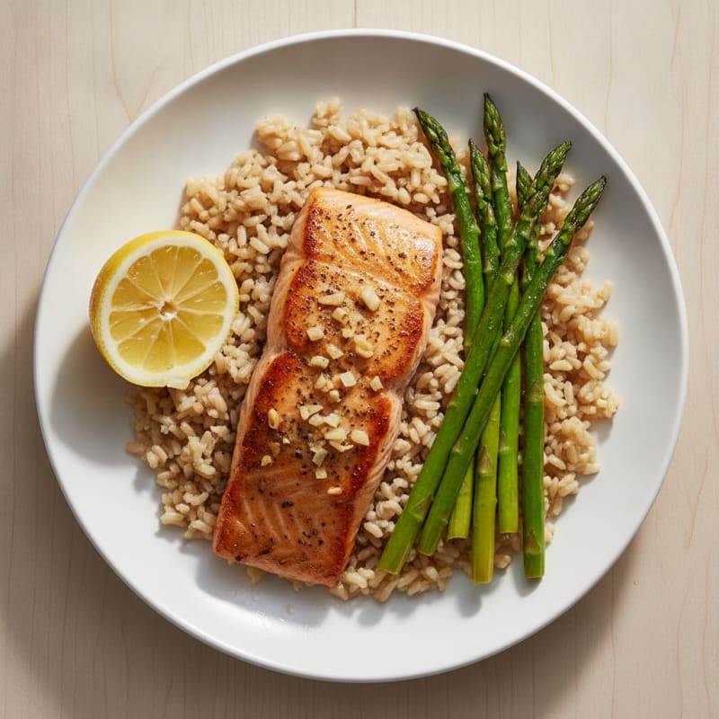 Seared Garlic Salmon with Steamed Brown Rice and Roasted Asparagus