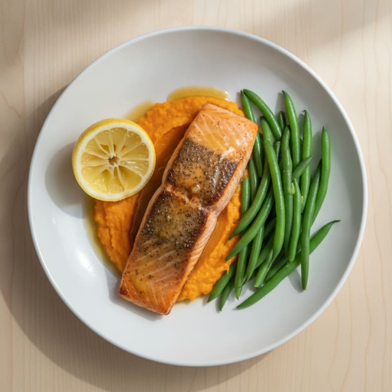 Seared Salmon Fillet with Steamed Green Beans and Sweet Potato Mash