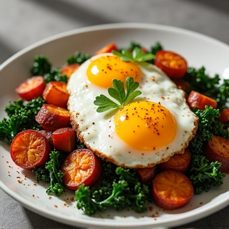 Crispy Roasted Sweet Potato and Kale Hash with Eggs