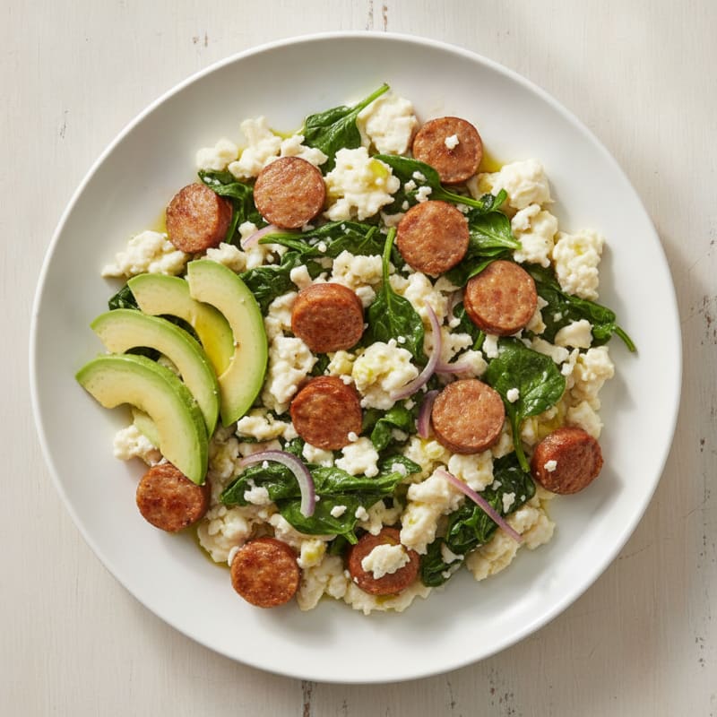 Egg White and Turkey Sausage Scramble with Sautéed Spinach