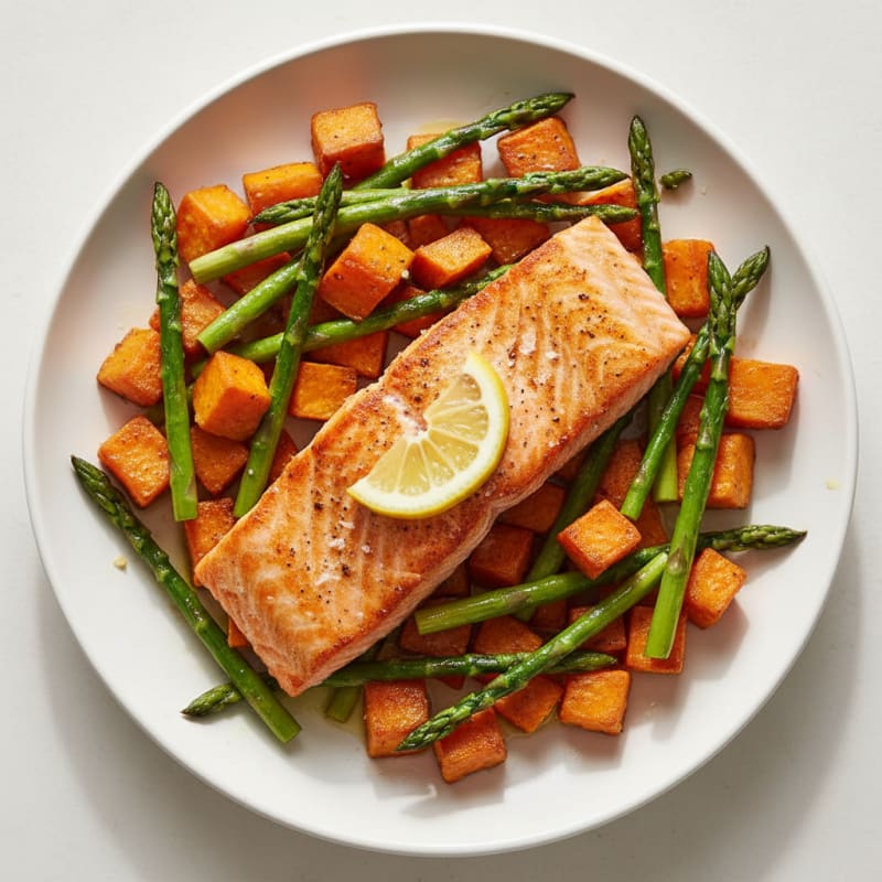 Seared Salmon with Roasted Sweet Potato and Asparagus