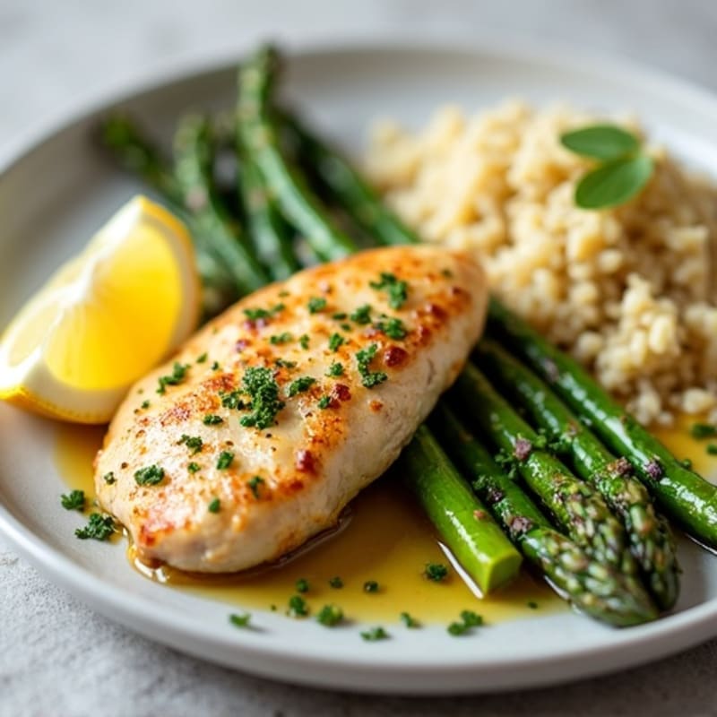 Lemon Garlic Roasted Chicken Breast with Asparagus and Quinoa
