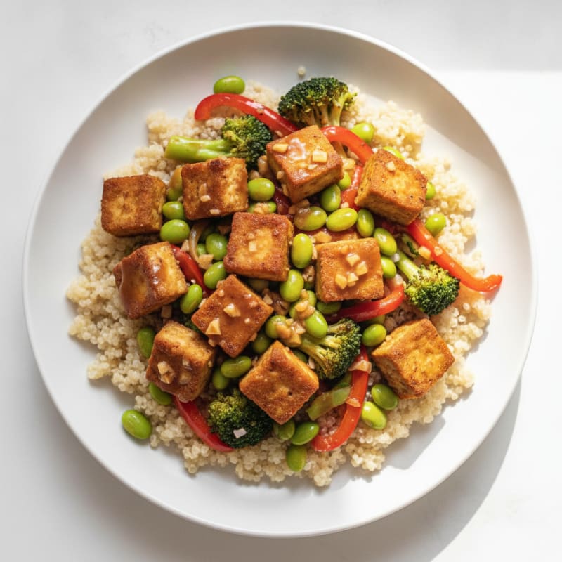 Crispy Tempeh Stir Fry with Edamame and Quinoa