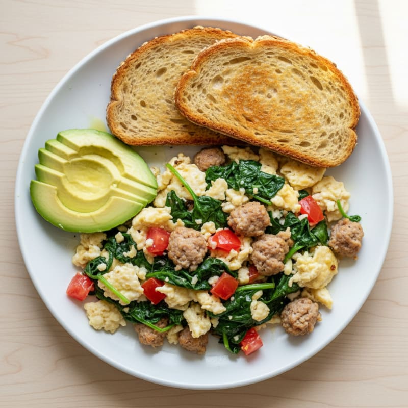Egg White Spinach Scramble with Turkey Sausage and Fresh Tomato