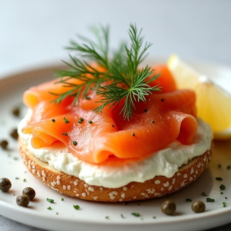Open-Face Smoked Salmon with Herbed Cream Cheese on Toasted Everything Bagel