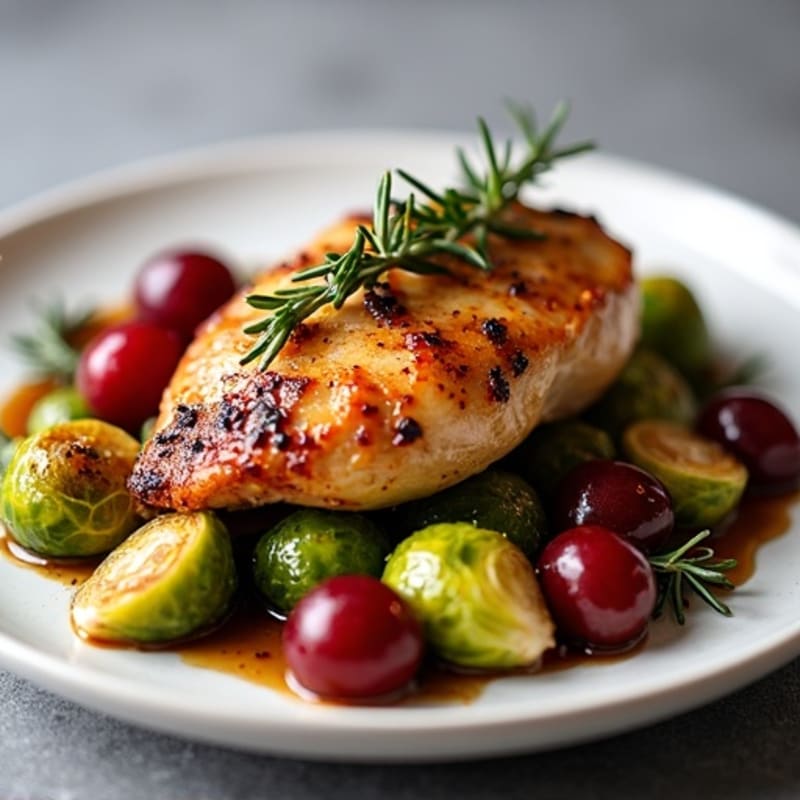 Rosemary Balsamic Glazed Chicken with Sweet Roasted Grapes and Crispy Brussels Sprouts