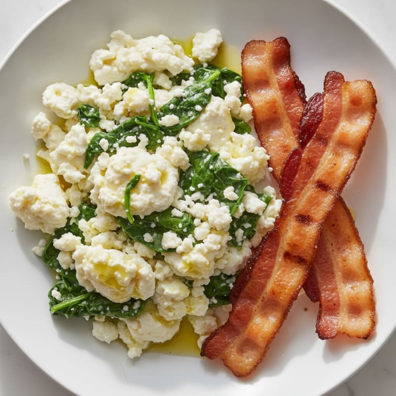 Egg White and Spinach Scramble with Cottage Cheese and Grilled Turkey Bacon