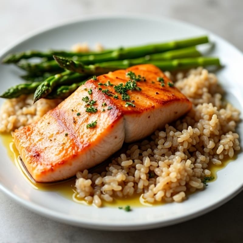 Seared Salmon with Steamed Asparagus and Brown Rice