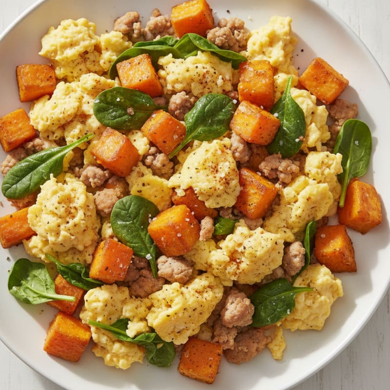 Scrambled Eggs with Sweet Potato Hash